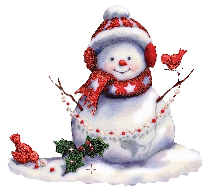 Grote animatie van een sneeuwpop - Sneeuwpop met rode sjaal en rode muts met glitter