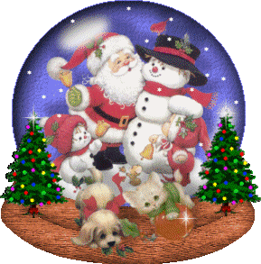 Middelgrote animatie van een sneeuwglobe - Sneeuwglobe met de Kerstman en twee sneeuwmannen