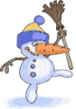 Mini animatie van een sneeuwpop - Sneeuwman met grote wortel als neus en een bezem in zijn hand heeft een probleem met zijn poot