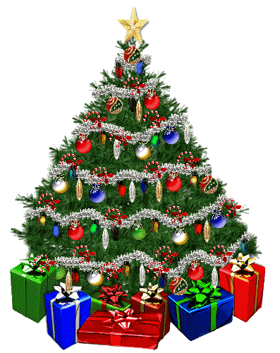 Grote kerstanimatie van een kerstboom - Kerstboom met gekleurde kerstverlichting en kerstcadeaus