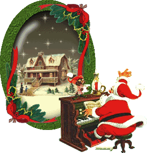 Middelgrote animatie van een sneeuwglobe - Santa Claus speelt piano met op de achtergrond een huis in een sneeuwlandschap