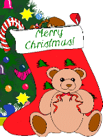 Kleine animatie van een kerstwens - Merry Christmas met een beer die voor een rode kerstsok zit waar een meisje uit komt