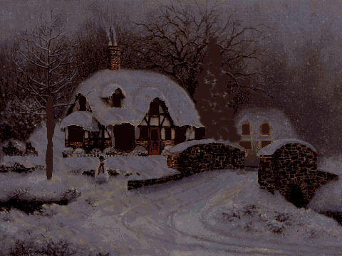 Grote kerstanimatie van een kersthuis - Merry Christmas met een een huis in de sneeuw aan de andere kant van de brug waar geleidelijk het licht aan gaat