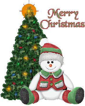 Grote kerstanimatie van een kerstboom - Merry Christmas met een sneeuwman die voor een kerstboom met gekleurde kerstverlichting zit