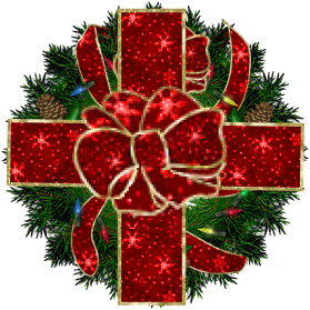 Middelgrote kerstanimatie van een kerstkrans - Merry Christmas met een rode strik over een groene kerstkrans met kerstverlichting