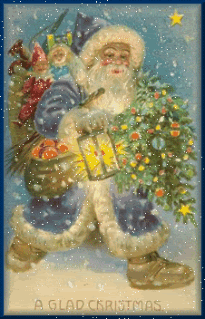 Middelgrote kerstanimatie - A glad Christmas met een Kerstman met een lantaarn, een zak met kerstcadeaus en een kerstboom