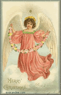 Middelgrote animatie van een kerstengel - Merry Christmas met een engel in een roze jurk die een slinger met bloemen vasthoudt