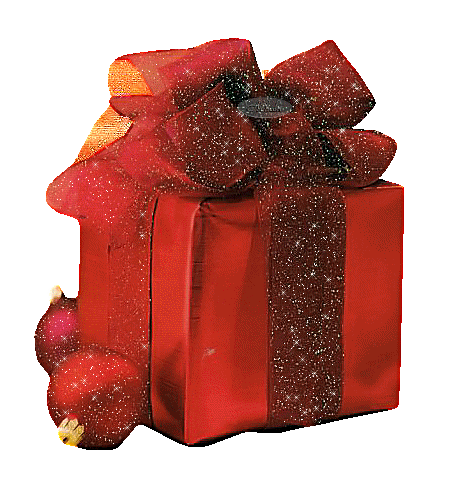 Grote kerstanimatie van een kerstcadeau - Rood kerstpak met rode strik en rode kerstballen