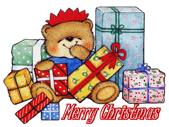 Grote kerstanimatie van een kerstcadeau - Merry Christmas met een beer en een aantal kerstcadeaus