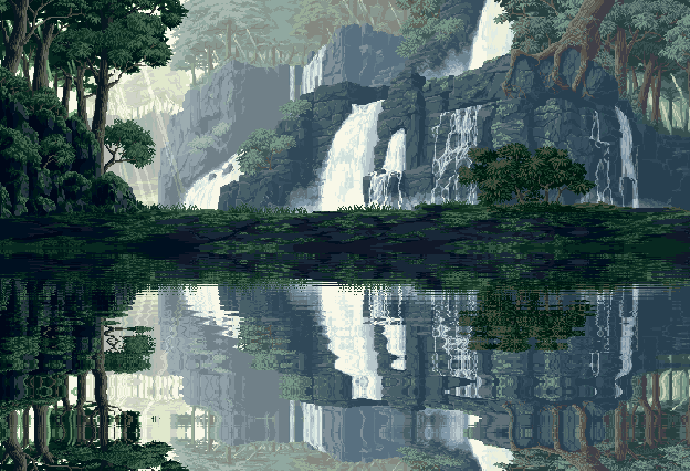 Grote animatie van stromend water - Watervallen in het tropisch regenwoud aan het water met golfjes