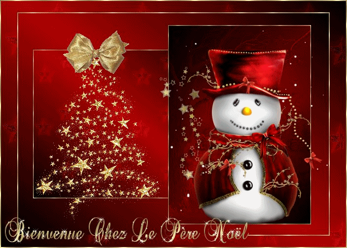 Grote animatie van een sneeuwpop - Kerstboom in de vorm van goudkleurige sterretjes en een sneeuwpop met rode kleren