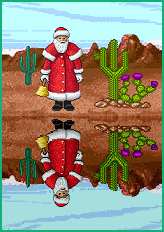 Kleine kerstanimatie van een kerstman - De Kerstman staat in de woestijn tussen twee cactussen bij een water met golfjes