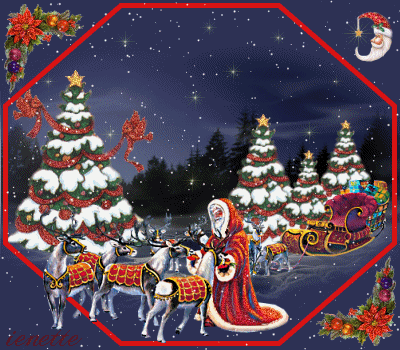 Grote animatie van een rendier - De Kerstman voedert zijn rendieren tussen besneeuwde versierde kerstbomen