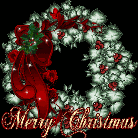 Grote kerstanimatie van een kerstkrans - Merry Christmas met een witte kerstkrans met rode strik