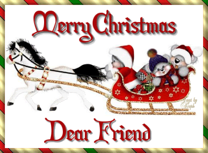 Grote kerst animatie van een kerstwens - Merry Christmas Dear Friend met muizen in kerstkleding in een slee die getrokken wordt door een wit paard