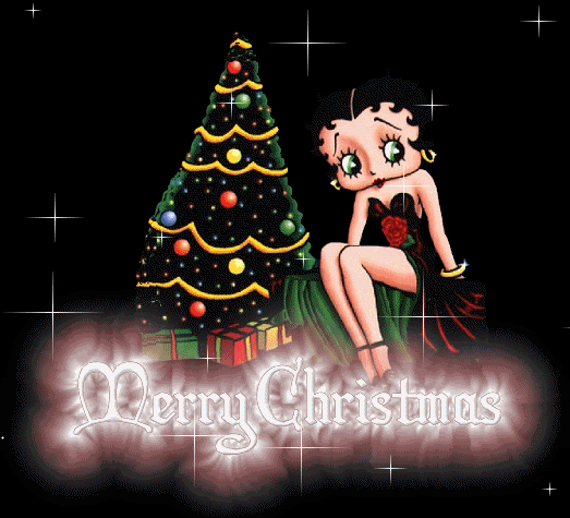 Grote animatie van een kerstmeisje - Merry Christmas met een meisje naast een kerstboom waar kerstcadeaus onder liggen