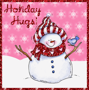 Grote animatie van een sneeuwpop - Holiday hugs met een sneeuwpop in de sneeuw met een sjaal in rode glitter