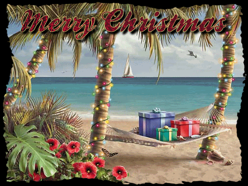 Grote kerst animatie van kerstverlichting - Merry Christmas met gekleurde kerstverlichting rondom de stam van de palmbomen en kerstcadeaus op de hangmat