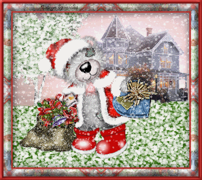 Grote kerstanimatie van een kerstdier - Kerstmanbeer met een zak met kerstcadeaus bij een grote villa in de sneeuw