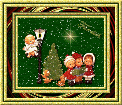 Grote kerstanimatie van een kerstkind - Zingende kinderen bij een kerstboom en een lantaarn terwijl het sneeuwt