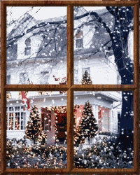 Kleine animatie van een kersthuis - Venster met uitzicht o een huis met kerstbomen tijdens een sneeuwbui