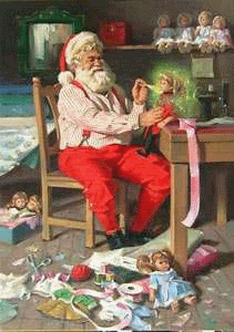 Middelgrote kerstanimatie van een kerstman - De Kerstman is in zijn atelier bezig kerstcadeaus te beschilderen