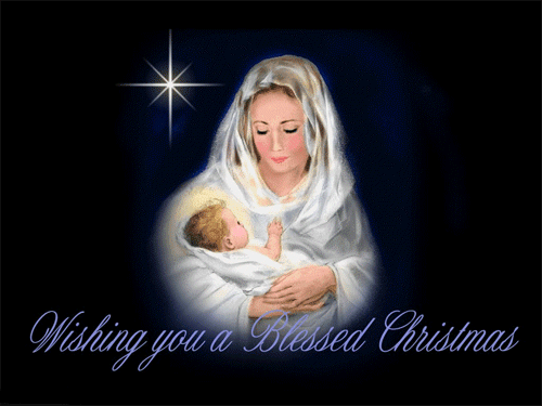 Grote animatie van een kerststal - Wishing you a Blessed Christmas, Maria met Jezus en de Kerstster