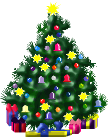 Middelgrote kerstanimatie van een kerstboom - Kerstboom met gekleurde twinkelverlichting en kerstcadeaus onder de boom