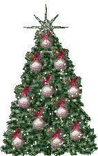 Kleine kerstanimatie van een kerstboom - Kerstboom met zilverkleurige kerstballen en rode strikken en een grote ster als piek