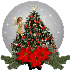 Middelgrote kerstanimatie van een kerstboom - Globe met een engeltje op een kerstboom met rode kerstdecoratie en ervoor drie rode kerststerren