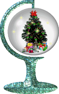 Middelgrote kerstanimatie van een kerstboom - Globe hangend aan een standaard met in de globe een kerstbooom met kerstcadeaus en gele sterretjes