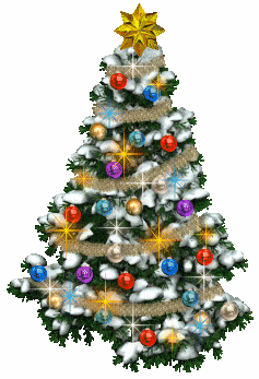 Middelgrote kerstanimatie van een kerstboom - Besneeuwde kerstboom met een gele ster als piek en met gekleurde kerstballen en gekleurde twinkelverlichting