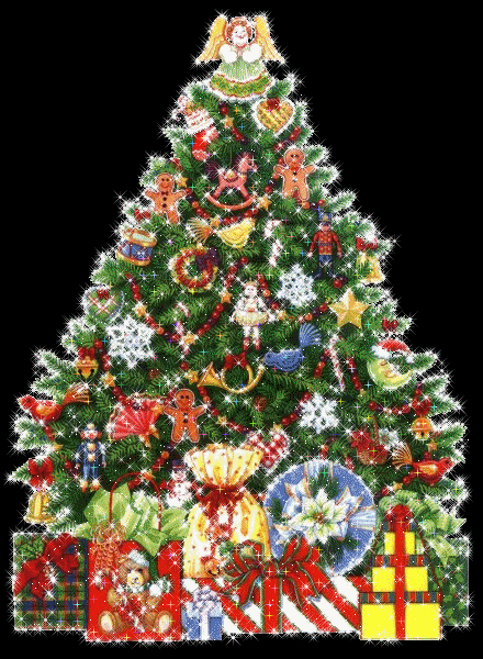 Grote kerstanimatie van een kerstboom - Grote rijk versierde kerstboom met kerstcadeaus en veel witte sterretjes