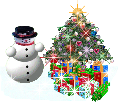 Grote kerstanimatie van een kerstcadeau - Sneeuwpop naast een kerstboom met daaronder veel kerstcadeaus en twinkelende gekleurde sterren