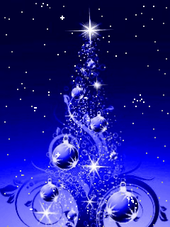 Middelgrote kerstmis animatie van een kerstbal - Blauwe kerstboom met blauwe kerstballen en witte sterren en neervallende sneeuw