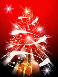 Middelgrote kerstanimatie van een kerstboom - Witte kerstboom met rode kerstcadeaus met gele strik en witte sterren op een rode achtergrond