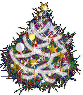Middelgrote kerstanimatie van een kerstboom - Kerstboom met witte slingers en fonkelende witte sterren