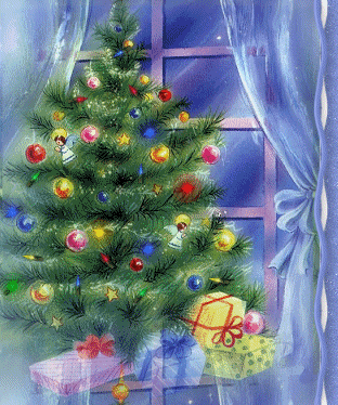Grote kerstanimatie van een kerstboom - Kerstboom met gekleurde kerstballen en gekleurde kerstverlichting en daaronder kerstcadeaus voor het venster