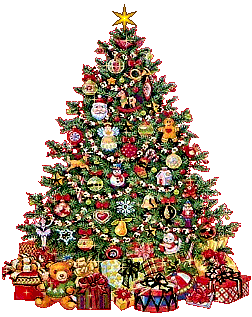 Middelgrote kerstanimatie van een kerstboom - Rijk versierde kerstboom met veel kerstcadeaus en een gele ster als piek