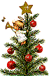 Mini kerstanimatie van een kerstboom - Kerstboom met rode kerstballen en een engeltje dat op een trompet blaast