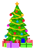 Kleine kerstanimatie van een kerstboom - Kerstboom met gele slingers en gekleurde kerstballen en kerstcadeaus onder de boom