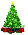 Mini kerstanimatie van een kerstboom - Kerstboom met rode en groene kerstverlichting en kerstcadeaus onder de boom