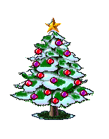 Kleine kerstanimatie van een kerstboom - Besneeuwde kerstboom met rode en paarse twinkelverlichting en een gele kerstster als piek