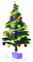 Kleine kerstanimatie van een kerstboom - Kerstboom met gele en blauwe slingers en wilde twinkelverlichting met gekleurde kerstballen