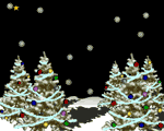 Mini kerstmis animatie van een kerstster - Vallende ster boven vijf kerstbomen in de sneeuw