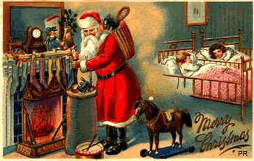 Middelgrote kerstanimatie van een kerstman - De Kerstman vult de sokken die boven de open haard hangen terwijl de kinderen in bed liggen