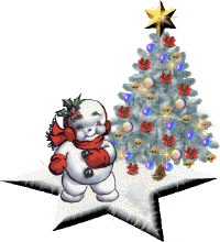 Kleine animatie van een sneeuwpop - Sneeuwman die op een ster staat naast een kerstboom met rode strikken en blauwe kerstballen met gele twinkelverlichting en een gele ster als piek