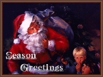 Grote kerstanimatie van een kerstman - Season Greetings met de Kerstman en een grote zak cadeaus