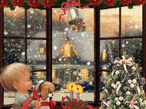 Middelgrote kerst animatie van een kersthuis - Kind met hondje voor het het open venster dat uitziet op een huis in de sneeuw
