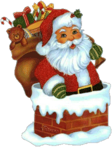 Middelgrote animatie van een schoorsteen - De Kerstman gaat met zijn grote zak met kerstcadeaus de schoorsteen in en geeft een knipoog